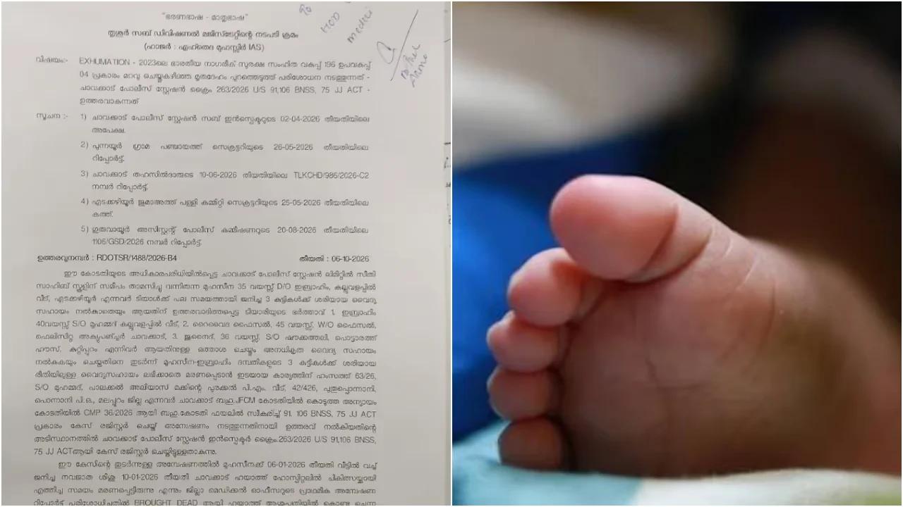 ചാവക്കാട്ടെ നാലുദിവസം പ്രായമായ കുഞ്ഞിന്റെ മരണം; മൃതദേഹം പുറത്തെടുത്ത് പോസ്റ്റുമോർട്ടം നടത്താൻ ഉത്തരവിട്ട് കോടതി